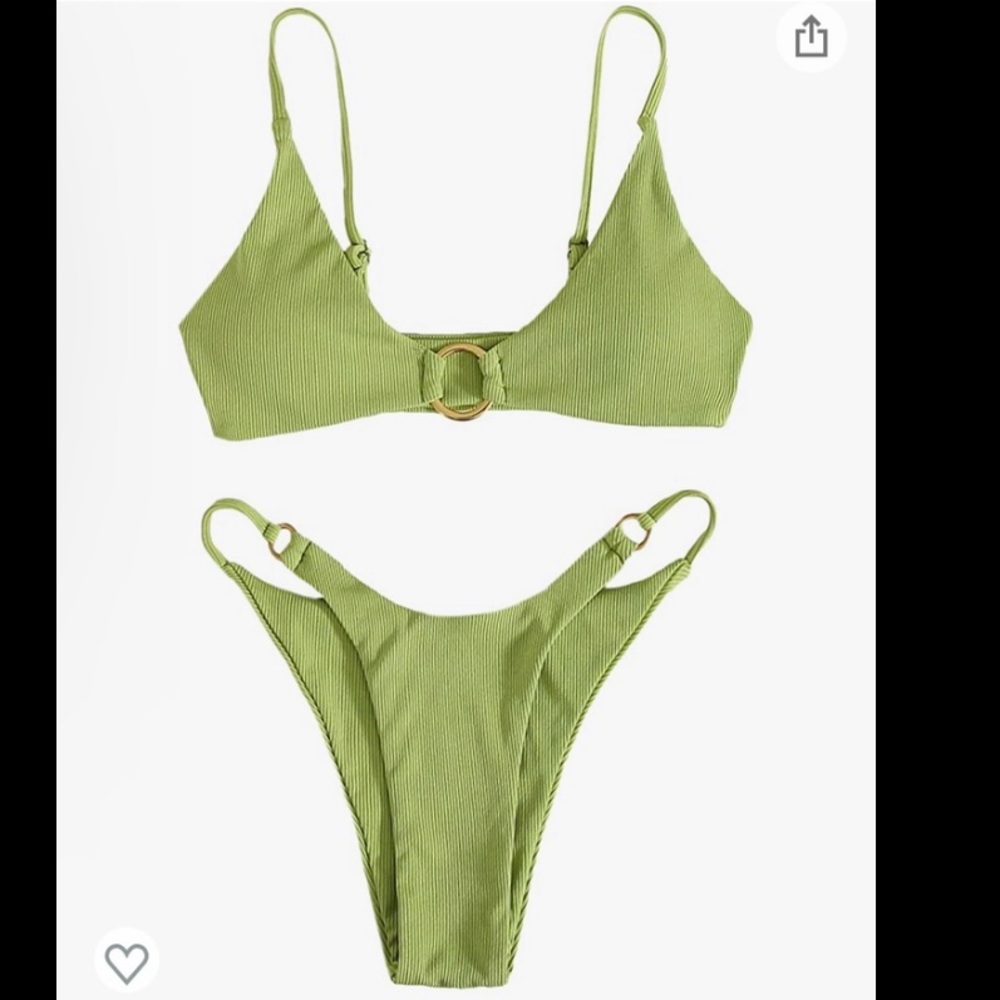 NWT Bright Green Bikini Set with Gold Ring Detail